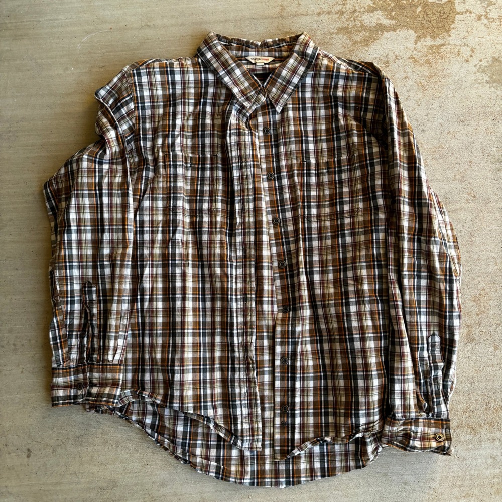 Wrangler Riggs Workwear Women XL Plaid Button Down Shirt Brown Orange